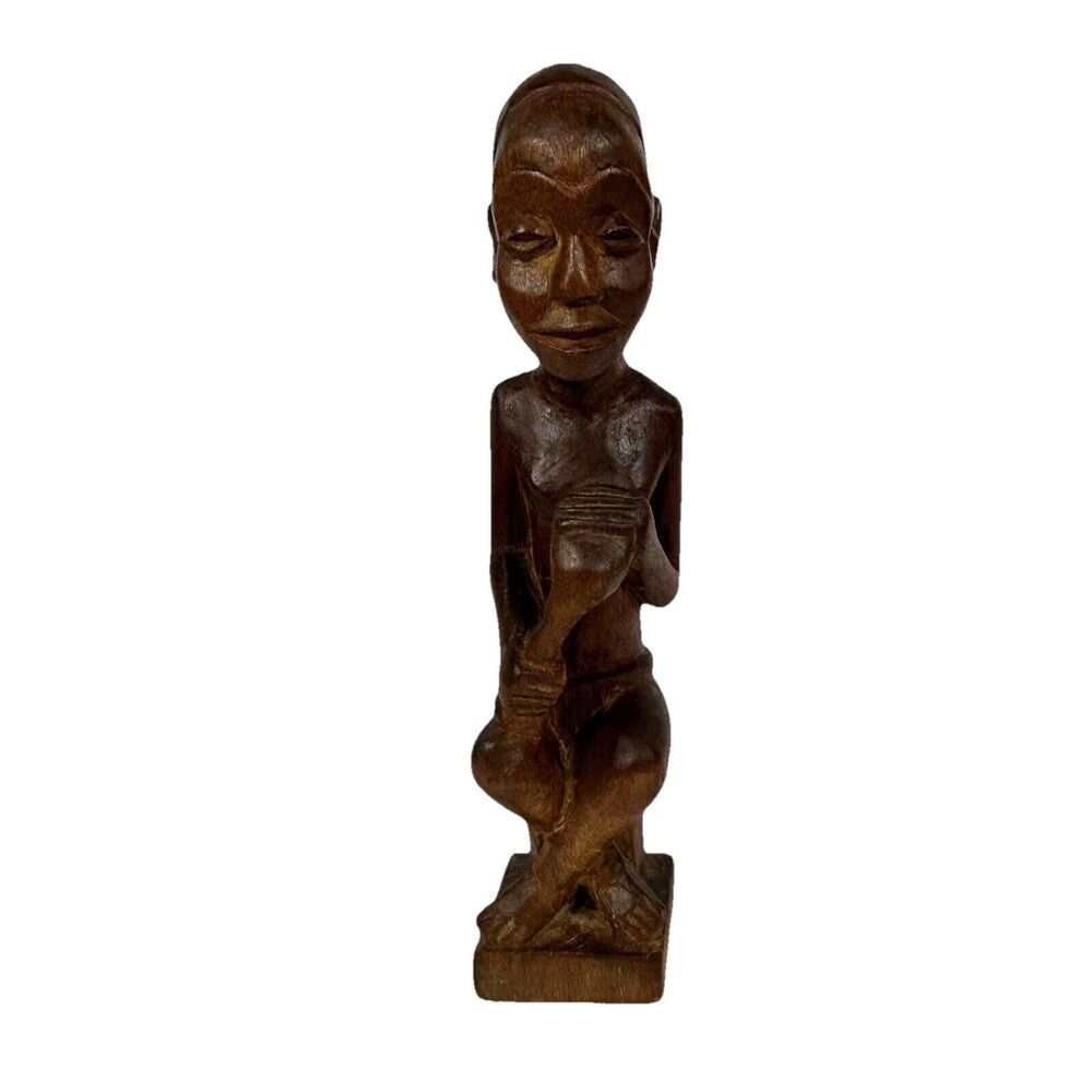 African Wood Carved Statue Sitting Man Uganda Kikan Gala 14” Vintage? Wooden